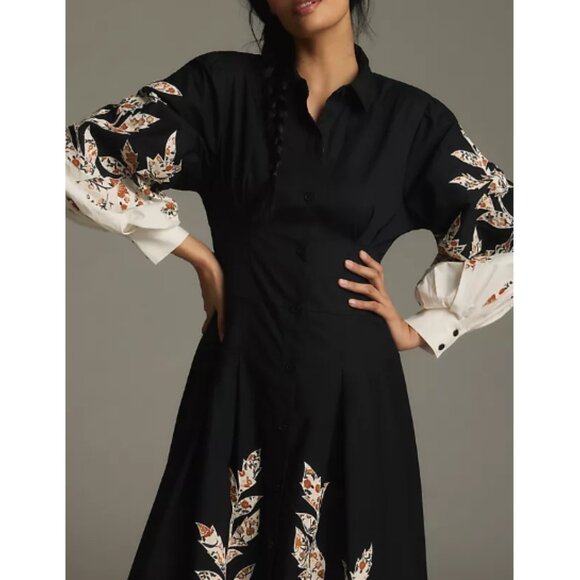 Anthropologie Size Small Black White Floral Embellished Midi Shirt Dress - Picture 2 of 11